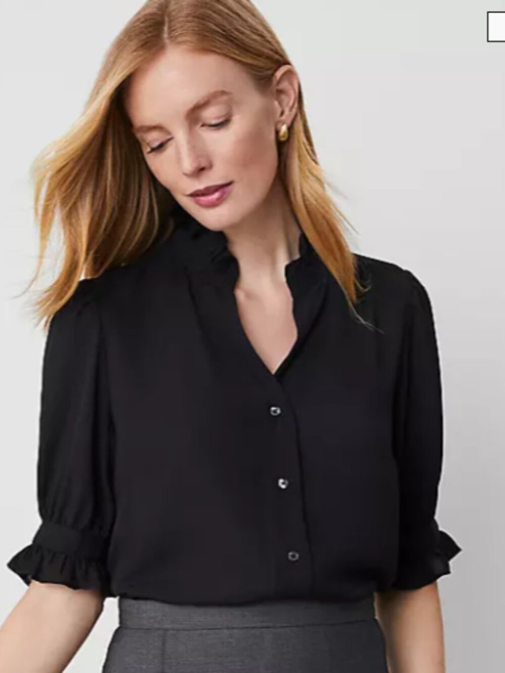 Ann Taylor Ruffle Collar Shirt - Black